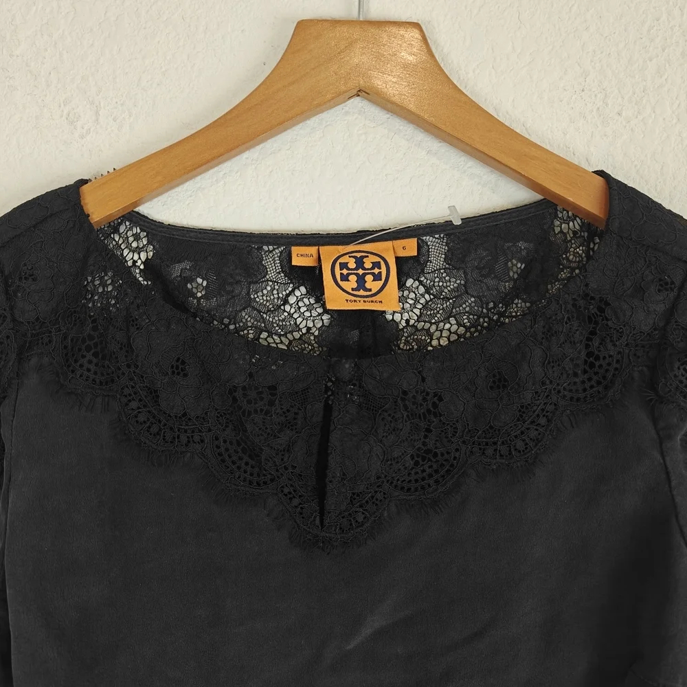 Tory Burch Black Silk Lantern Sleeve Blouse | Lace Neckline Romantic Boho Top 6